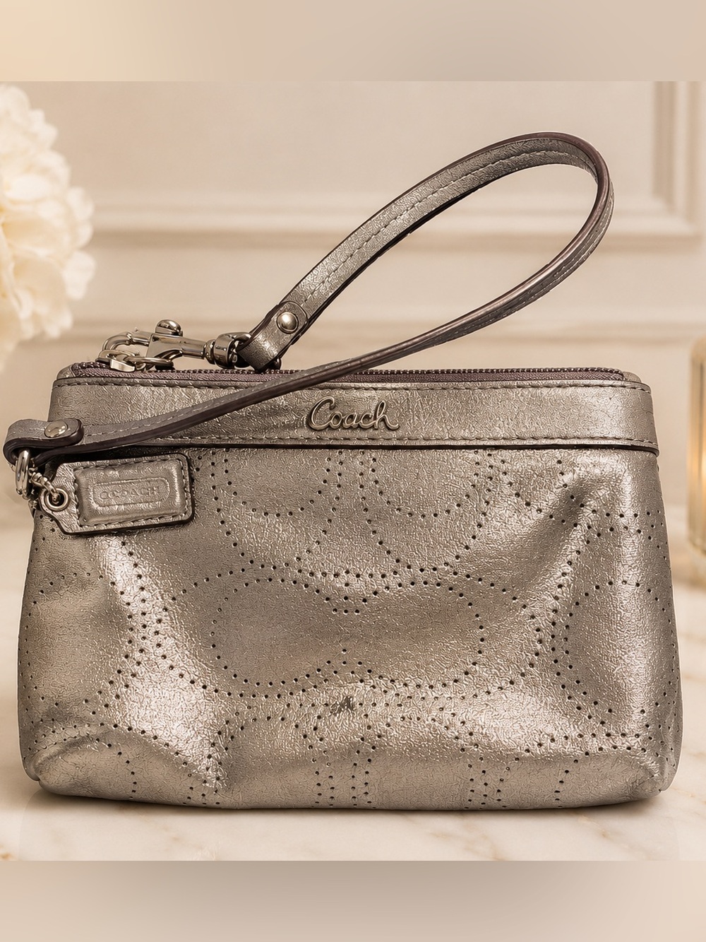 Coach Pewter Metallic Leather Wristlet